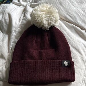 New adult WI Burgundy Beanie with Cream Pom-Pom
